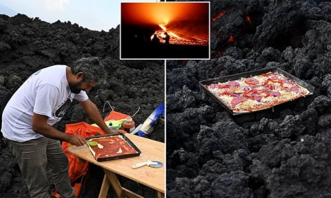 رجل مغامر يطهو الفطائر على بركان نشط!