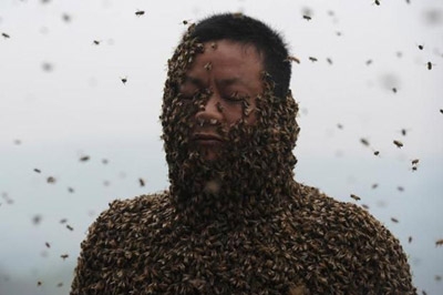 Chinese man covered with 460,000 bees for honey stunt