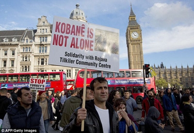 Thousands of Kurds in Britain and across Europe protest against the ISIS attack on Kobane as Turkey stubbornly refuses to help the besieged town
